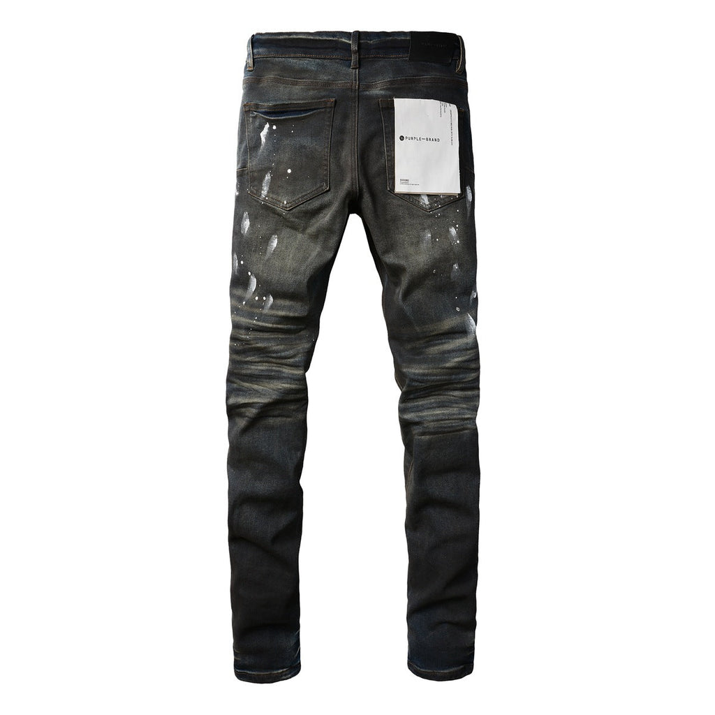 Mens Purple Ripped Jeans Stylish Slim Fit Black Paint High Street Denim Pants 9036