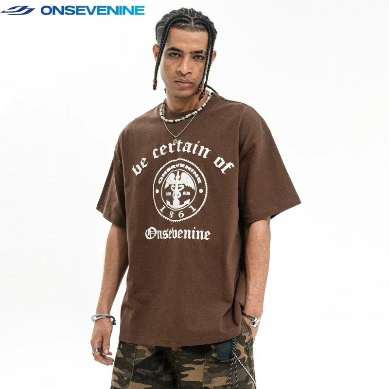 ONSEVENINE Emblem & Gothic Typography Tee
