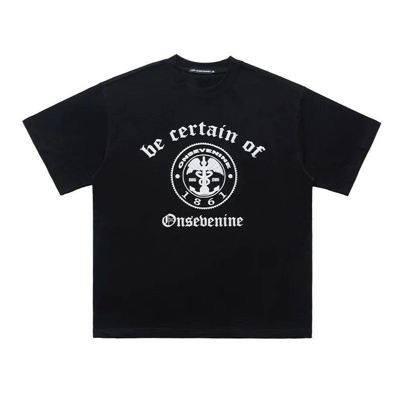 ONSEVENINE Emblem & Gothic Typography Tee